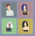A set of vector portraits of four different girls on colored backgrounds
